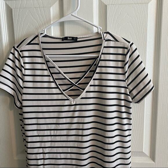 Shein Striped Mini Dress w/ Crisscross Neckline Women's Size Large Black & White - Picture 2 of 6